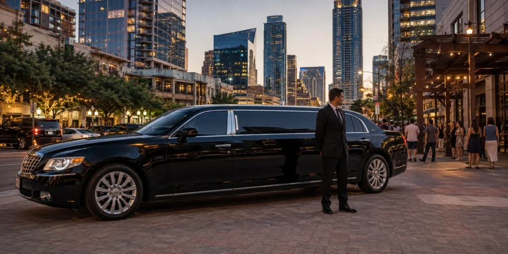 Black luxury limousine for limo cost in Austin parked on a Austin street