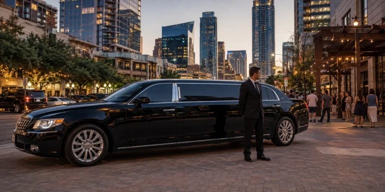 Black luxury limousine for limo cost in Austin parked on a Austin street